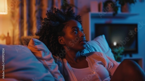 A person sitting on a couch viewing television, possibly relaxing or entertained photo