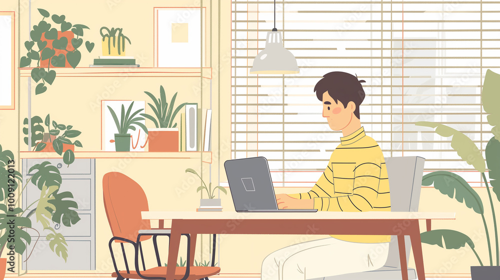 Professional freelancer working remotely on a sleek laptop in a modern minimalistic home office, surrounded by plants and illuminated by natural light through the window, showcasing productivity and s Professional freelancer working remotely on a sleek laptop in a modern minimalistic home office, surrounded by plants and illuminated by natural light through the window, showcasing productivity and s