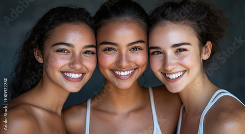 Three diverse models with beautiful smiles, natural makeup, and flawless skin, smiling at the camera