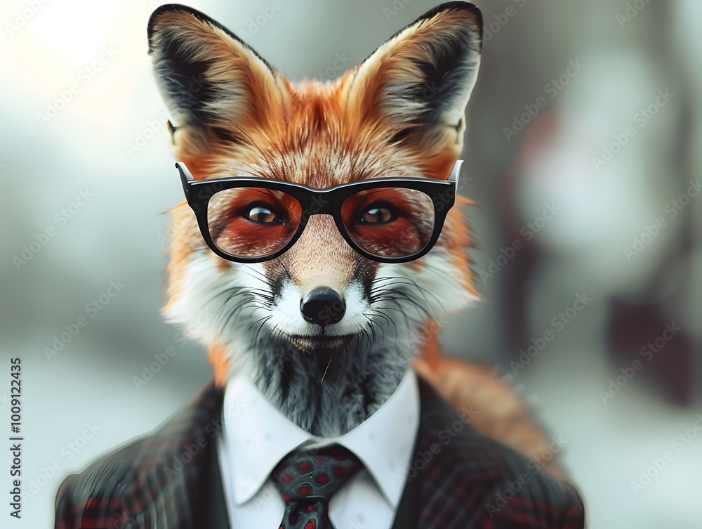 Fototapeta premium Stylishly Intelligent Fox in Suit and Tie Blending Urban Flair with Refined Confidence