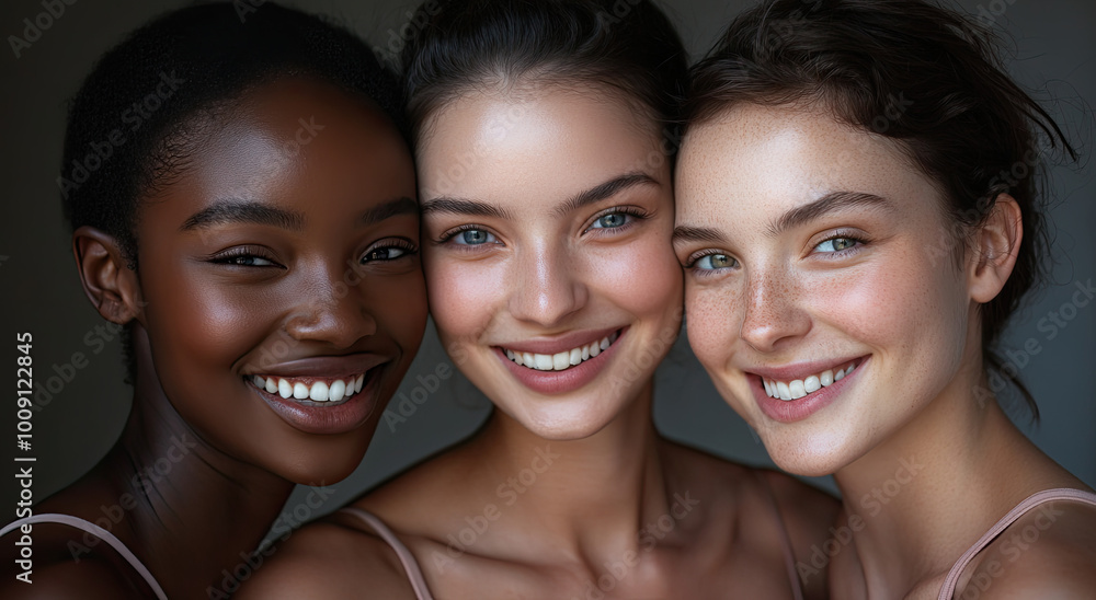 Three diverse models with beautiful smiles, natural makeup, and flawless skin, smiling at the camera Three diverse models with beautiful smiles, natural makeup, and flawless skin, smiling at the camera