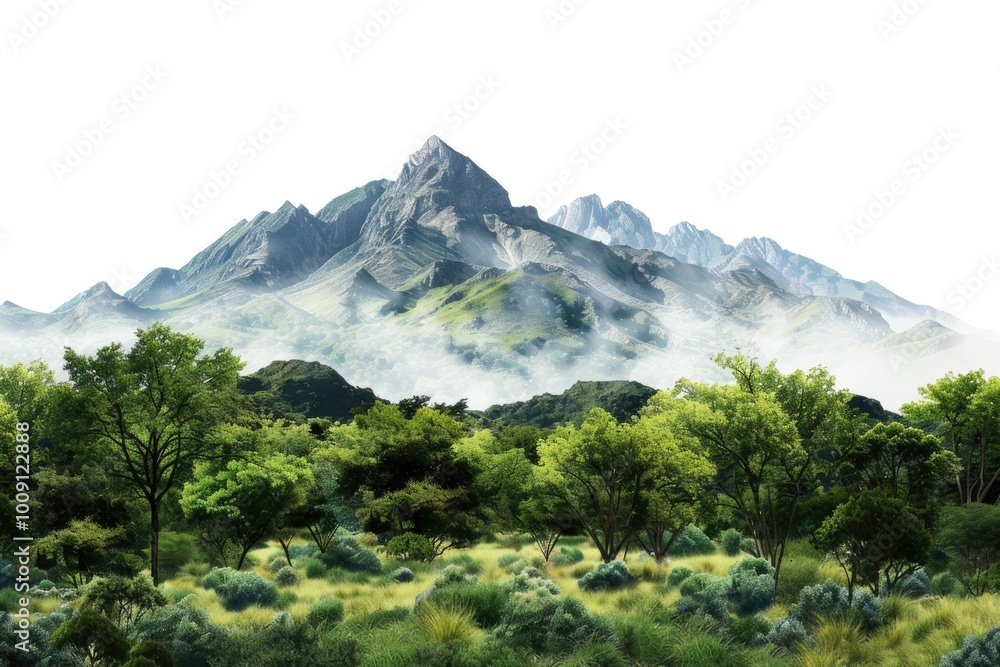 Fototapeta premium Mountain landscape with trees and foliage in the foreground