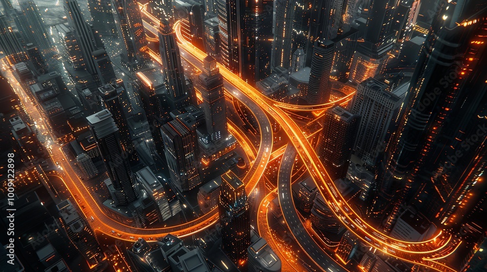Aerial view of a futuristic cityscape with glowing orange highways weaving through tall skyscrapers, symbolizing advanced urban infrastructure and high-speed transportation.
Aerial view of a futuristic cityscape with glowing orange highways weaving through tall skyscrapers, symbolizing advanced urban infrastructure and high-speed transportation.