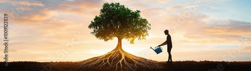 A person waters a tree with exposed roots at sunset.