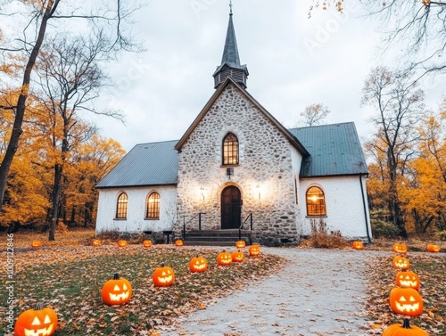 An ancient abandoned church with crumbling stone walls photo