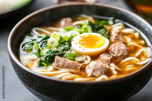 A close-up shot of a bowl of Japanese noodle soup with pork, egg, and greens - generative ai