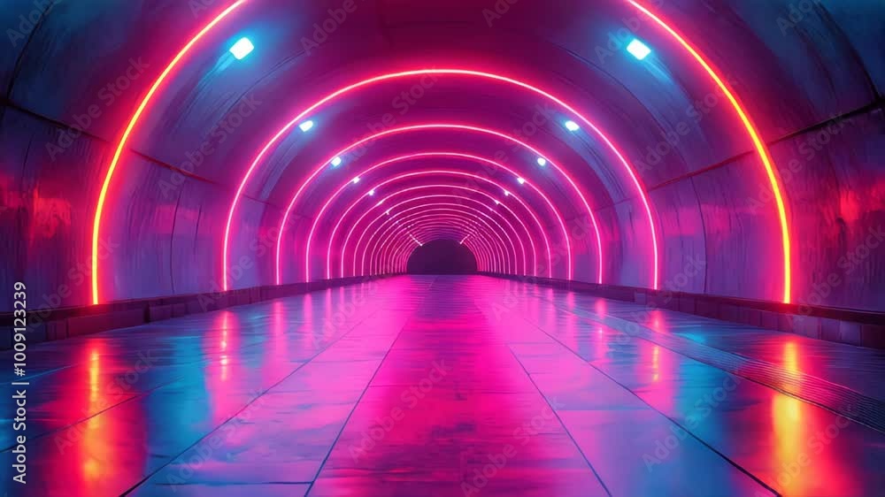 A futuristic neon-lit tunnel featuring vibrant purple, pink, and blue lights, creating a mesmerizing glow on the reflective surface A futuristic neon-lit tunnel featuring vibrant purple, pink, and blue lights, creating a mesmerizing glow on the reflective surface