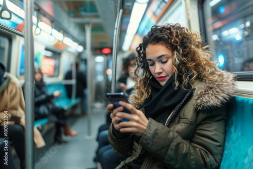 Morning commute: Woman using smartphone on subway train with a focused expression