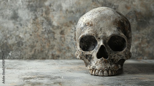 3D-rendered skull with realistic textures, detailed and lifelike, neutral background photo