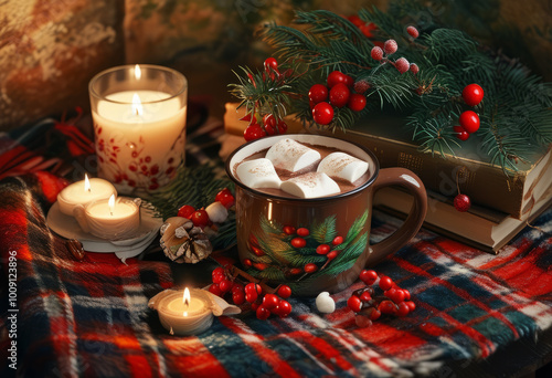 Warm Winter Drinks with Marshmallows and Candles. Hot Chocolate with Marshmallows and Christmas Decorations. photo