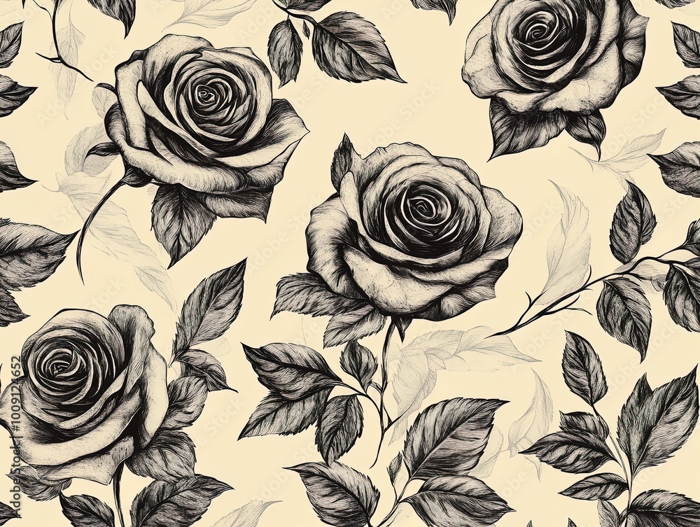 Elegant Black and White Floral Poster: Intricate Rose Illustrations Surrounded by Leaves on Beige - Perfect for Nature-Inspired Home Decor or Artful Sports Interiors! Elegant Black and White Floral Poster: Intricate Rose Illustrations Surrounded by Leaves on Beige - Perfect for Nature-Inspired Home Decor or Artful Sports Interiors!