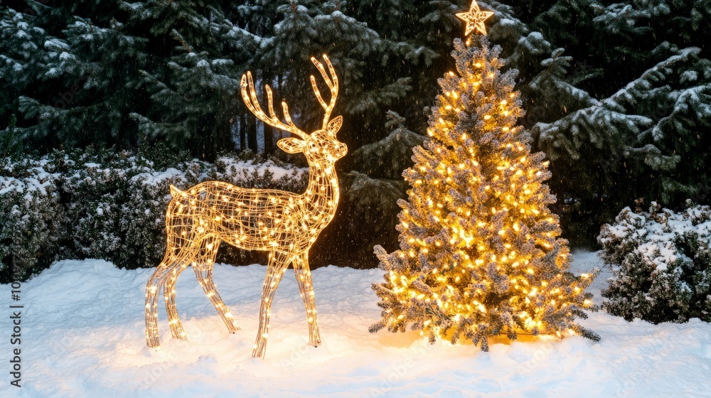 Illuminated reindeer and Christmas tree in snowy landscape, glowing warmly at night, creating a festive winter wonderland scene. Illuminated reindeer and Christmas tree in snowy landscape, glowing warmly at night, creating a festive winter wonderland scene.