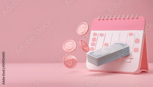 A pink calendar with a stac...