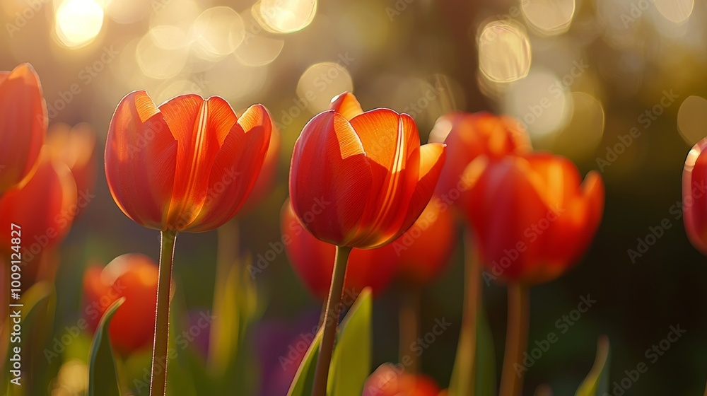 Fototapeta premium Tulips, close-up, high definition, natural light, gentle breeze, rich in details, bright colors, soft and warm, elegant