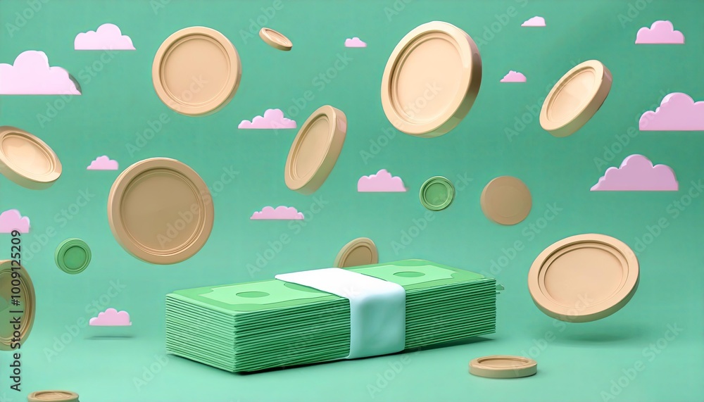A visually appealing arrangement of money bills surrounded by floating coins and pastel clouds, creating a whimsical financial theme. A visually appealing arrangement of money bills surrounded by floating coins and pastel clouds, creating a whimsical financial theme.