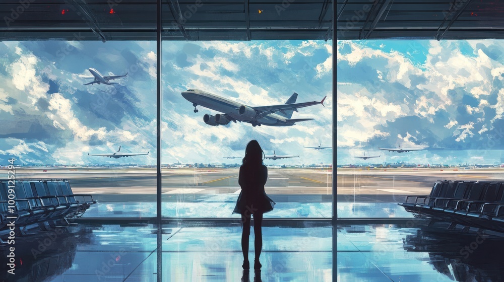 Fototapeta premium A woman standing in the airport waiting area, gazing out at the runway, as planes take off into the sky in the distance