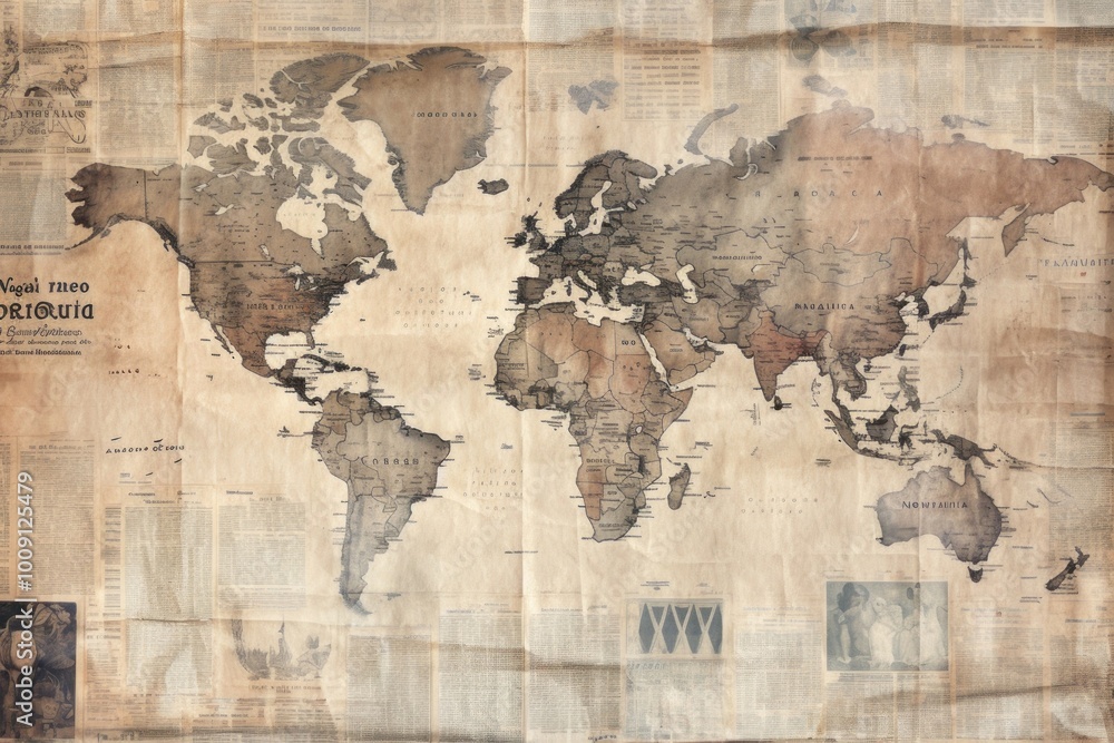 Obraz premium Ephemera style of pale world map backgrounds newspaper transportation.