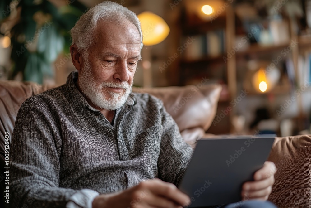 Obraz premium Happy grandfather using bank card for online payment at home, Generative AI