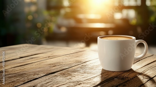 A warm cup of coffee sits on a rustic wooden table in soft morning light.