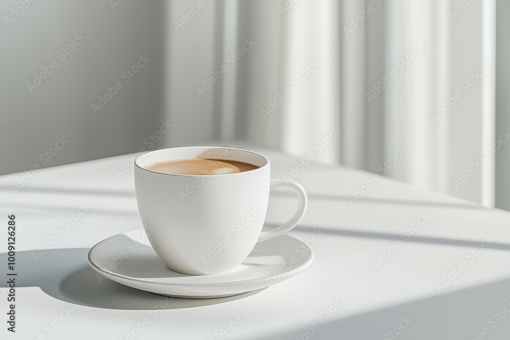 Elegant white coffee cup on a saucer, bathed in soft natural light. Elegant white coffee cup on a saucer, bathed in soft natural light.