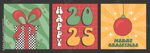 Retro cartoon christmas square banner set, groovy vintage design xmas holidays illustrations