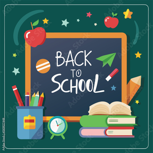 back to school poster with books and apple. Vector illustration.
