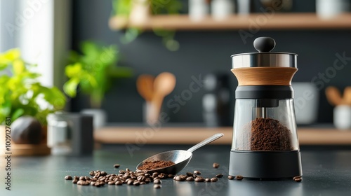 Stylish coffee grinder with fresh coffee beans and grounds in a modern kitchen setting. photo