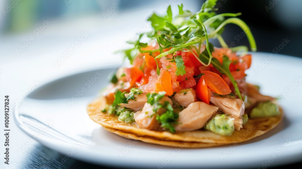 Delicious tuna tostadas served in a cozy restaurant on a sunny afternoon. Delicious tuna tostadas served in a cozy restaurant on a sunny afternoon.
