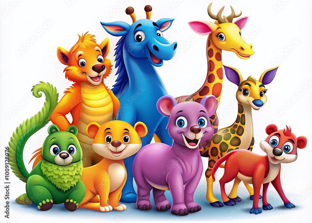 Naklejka premium Colorful Cartoon Animals in Playful Poses Ideal for Children's Books and Fun Illustrations