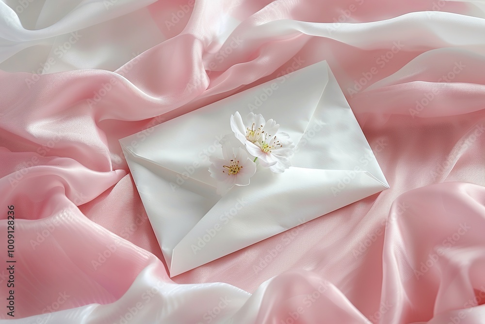White envelope with a white flower on a pink satin background, Ai Generated White envelope with a white flower on a pink satin background, Ai Generated