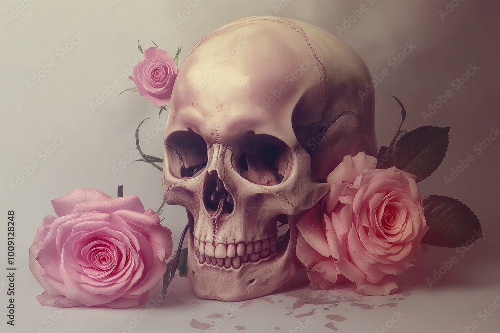 Elegant skull with pink roses in abstract surreal design. Skull face with isolated background, surrounded by smoke, roses. Dark, eerie atmosphere with horror theme. Skull of death, danger, evil. Elegant skull with pink roses in abstract surreal design. Skull face with isolated background, surrounded by smoke, roses. Dark, eerie atmosphere with horror theme. Skull of death, danger, evil.