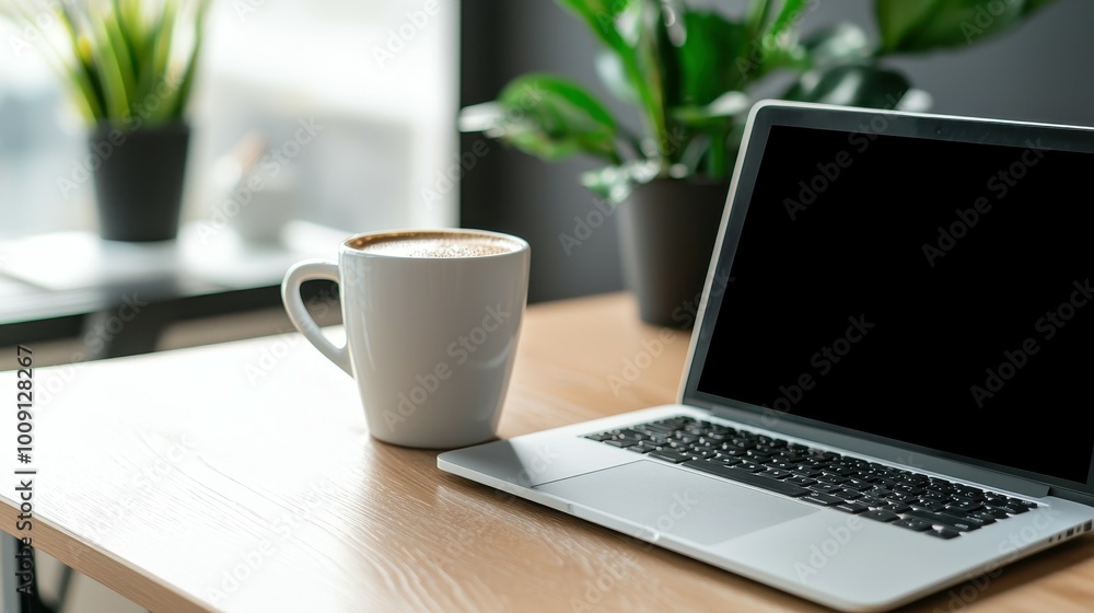 A cozy workspace featuring a laptop and a steaming cup of coffee. A cozy workspace featuring a laptop and a steaming cup of coffee.