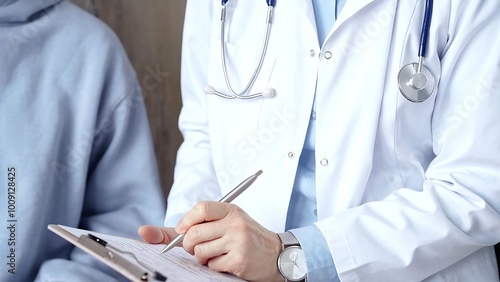 Doctor consulting patient with clipboard while making medical notes on a clipboard. Medicine concept