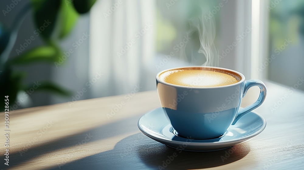 A steaming blue coffee cup sits elegantly on a wooden table, bathed in sunlight. A steaming blue coffee cup sits elegantly on a wooden table, bathed in sunlight.