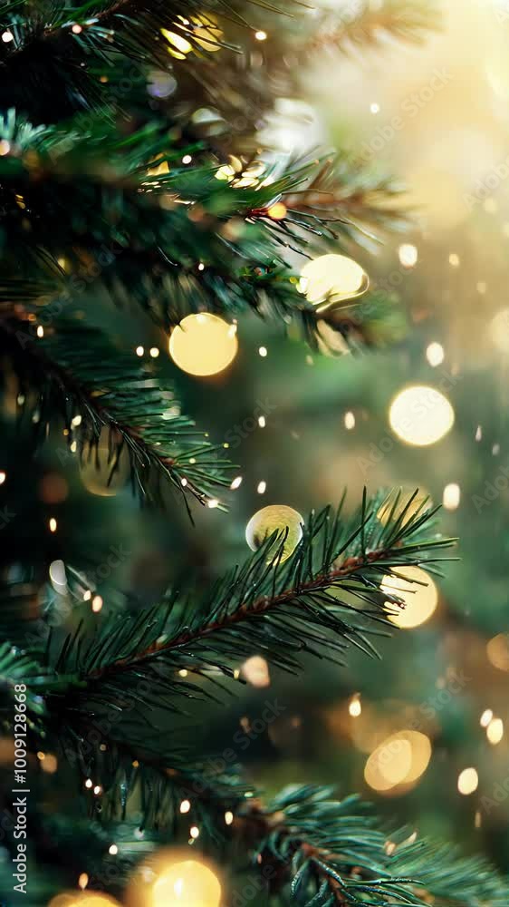 Close-up of Christmas tree branch with glowing lights and falling snow, creating a magical holiday ambiance. Concept of festive spirit, winter charm, and seasonal warmth. Close-up of Christmas tree branch with glowing lights and falling snow, creating a magical holiday ambiance. Concept of festive spirit, winter charm, and seasonal warmth.