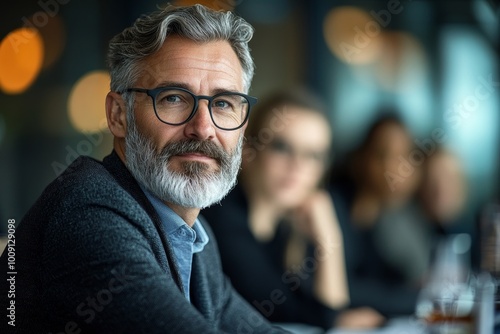 Mature business professional sitting in a boardroom meeting at work, Generative AI