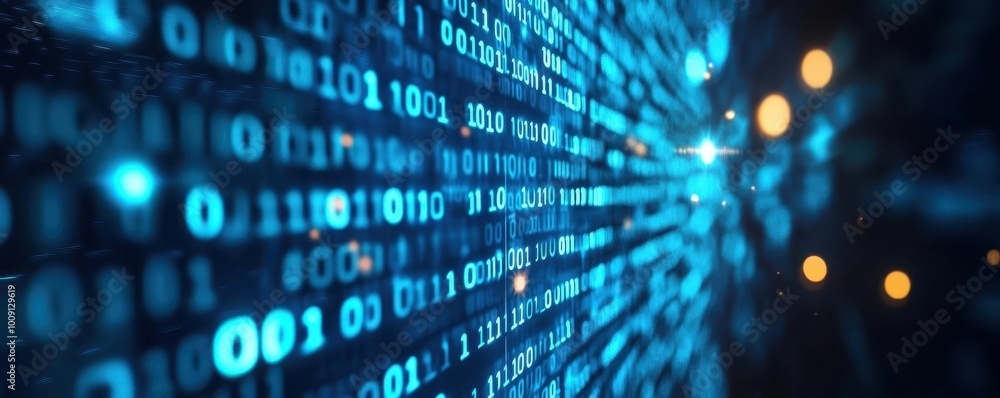 The abstract background of binary code in blue tones on a computer screen, sharp numbers in focus Futuristic digital design, midangle shot, glowing effect with depth The abstract background of binary code in blue tones on a computer screen, sharp numbers in focus Futuristic digital design, midangle shot, glowing effect with depth