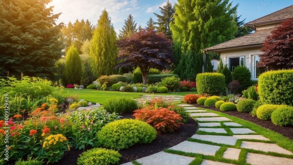 scenic view of garden with flowers and trees natural landscape of garden, green background scenic view of garden with flowers and trees natural landscape of garden, green background