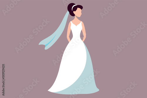 Beautiful bride silhouette in white dress and long veil. Vector flat illustration