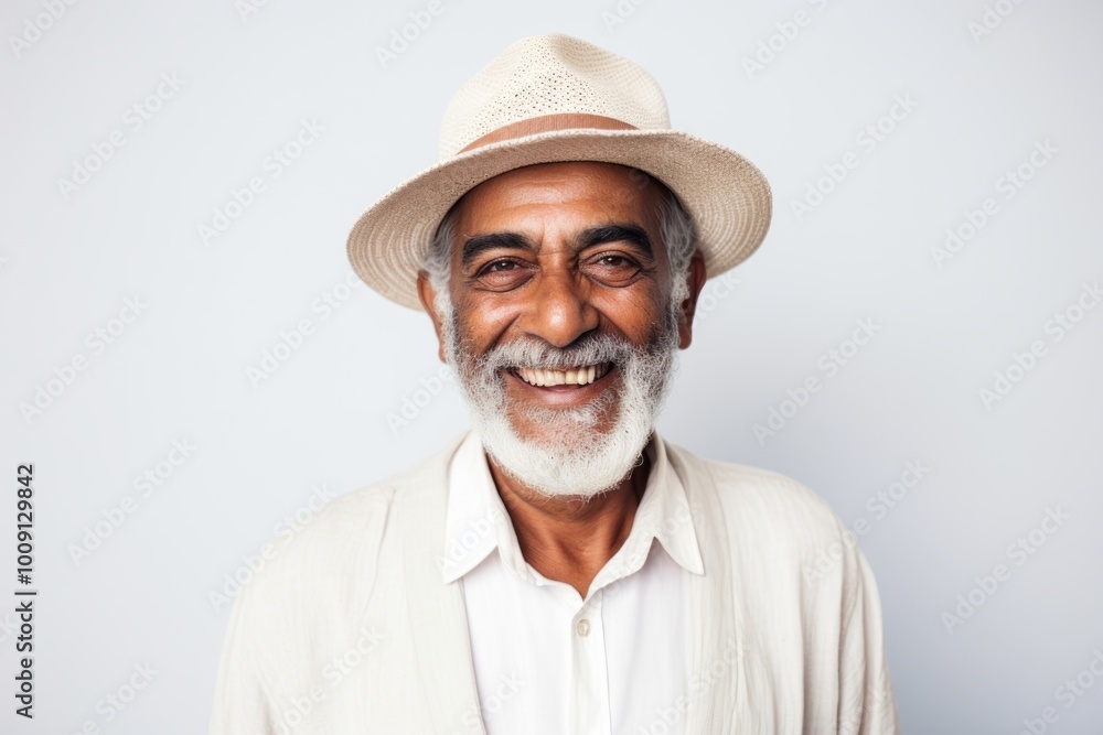 Portrait of a grinning indian man in his 70s donning a classic fedora over white background Portrait of a grinning indian man in his 70s donning a classic fedora over white background