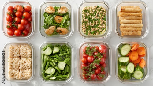 A row of clear containers filled with a variety of vegetables and fruits