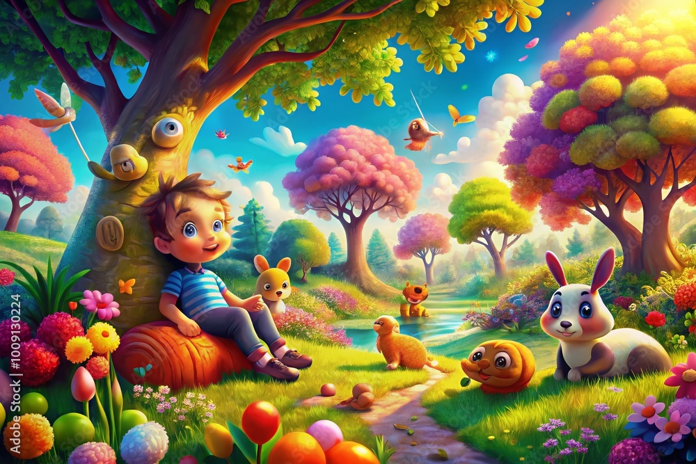 Colorful Cartoon Dweller Relaxing in a Whimsical Landscape with Bright Trees and Playful Animals Colorful Cartoon Dweller Relaxing in a Whimsical Landscape with Bright Trees and Playful Animals