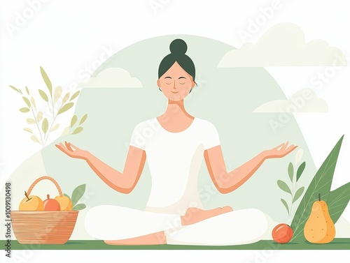 Wallpaper Mural A yoga pose on a natural landscape, with a basket of organic fruits in the background, symbolizing holistic fitness Torontodigital.ca