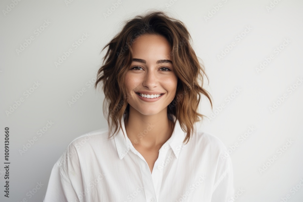 Portrait of a smiling woman in her 20s wearing a simple cotton shirt isolated on white background Portrait of a smiling woman in her 20s wearing a simple cotton shirt isolated on white background