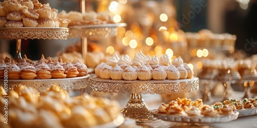 Eid Celebration Sweets, vibrant close-up of intricately decorated sweets on a festive table, joyous atmosphere in the background photo