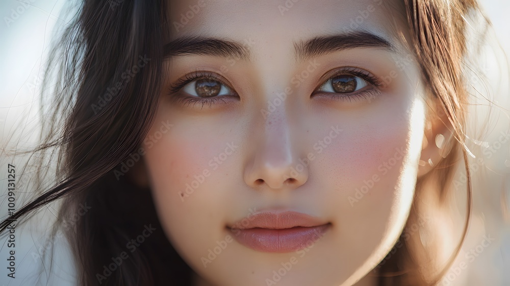 The soft, natural light caresses the young woman's face, illuminating her radiant skin and exquisite features, while her eyes convey a sense of deep thought. The soft, natural light caresses the young woman's face, illuminating her radiant skin and exquisite features, while her eyes convey a sense of deep thought.