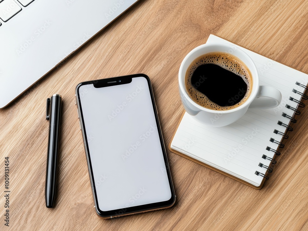 Minimalist workspace with a smartphone, coffee cup, notebook, and pen. Minimalist workspace with a smartphone, coffee cup, notebook, and pen.