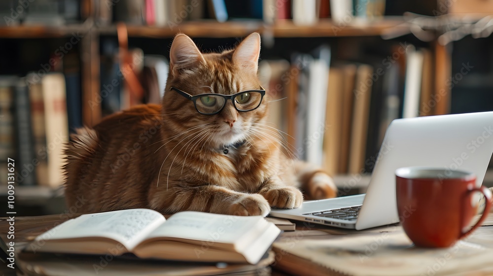 Sophisticated Feline Works Diligently in Cozy Home Office Sophisticated Feline Works Diligently in Cozy Home Office
