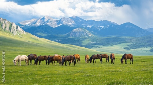 Horses Grazing in Mountain Valley