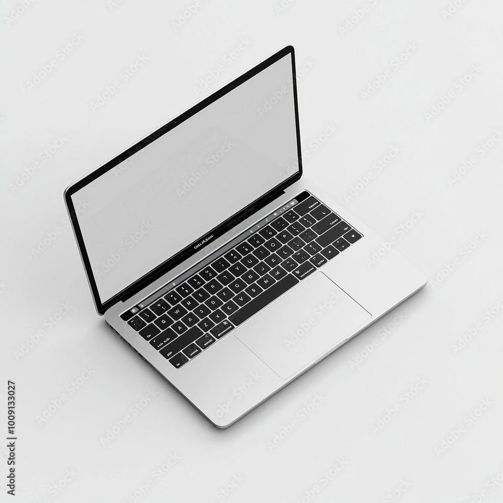 A sleek, open laptop showcasing a minimalist design and a blank screen. A sleek, open laptop showcasing a minimalist design and a blank screen.